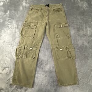 Forever 21 Men's Olive Cargo Pants Cotton Twill Button Zip Pockets 32